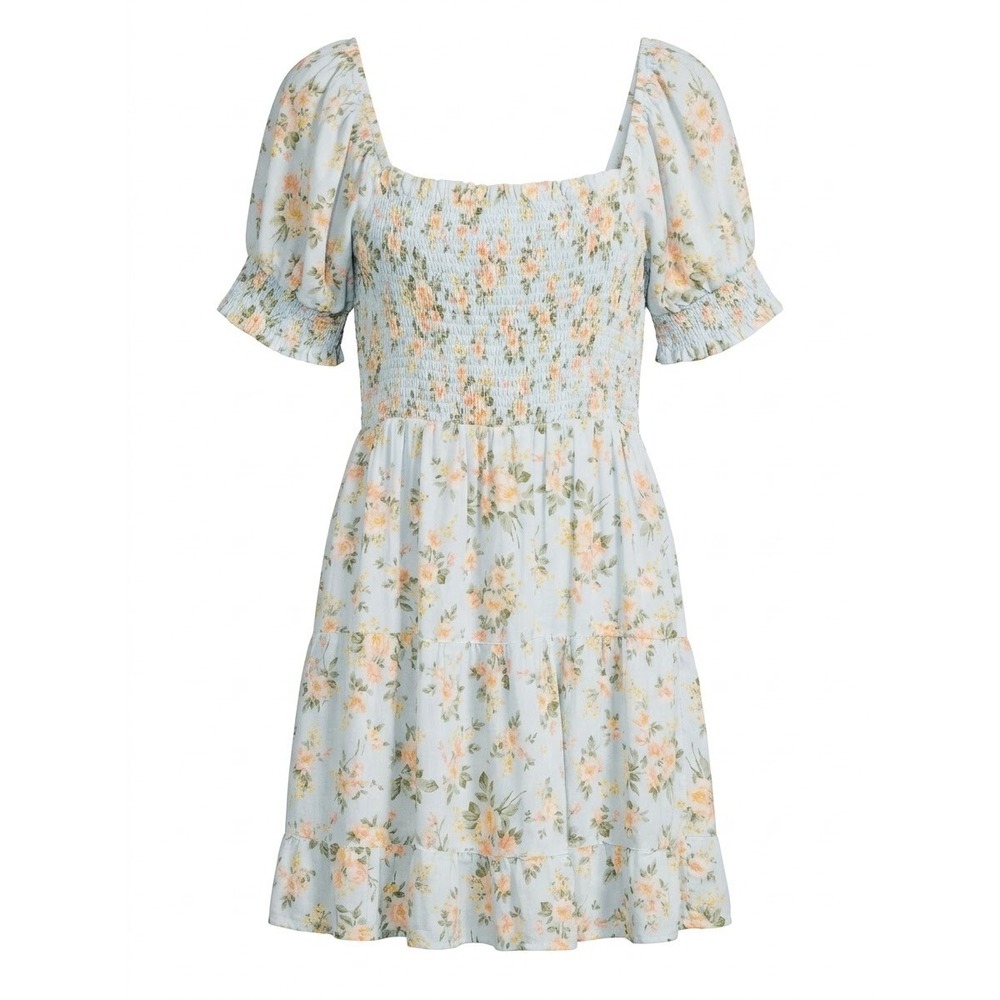 American Eagle Mini Dress Women Small Blue Floral Smocked Linen Blend Pockets